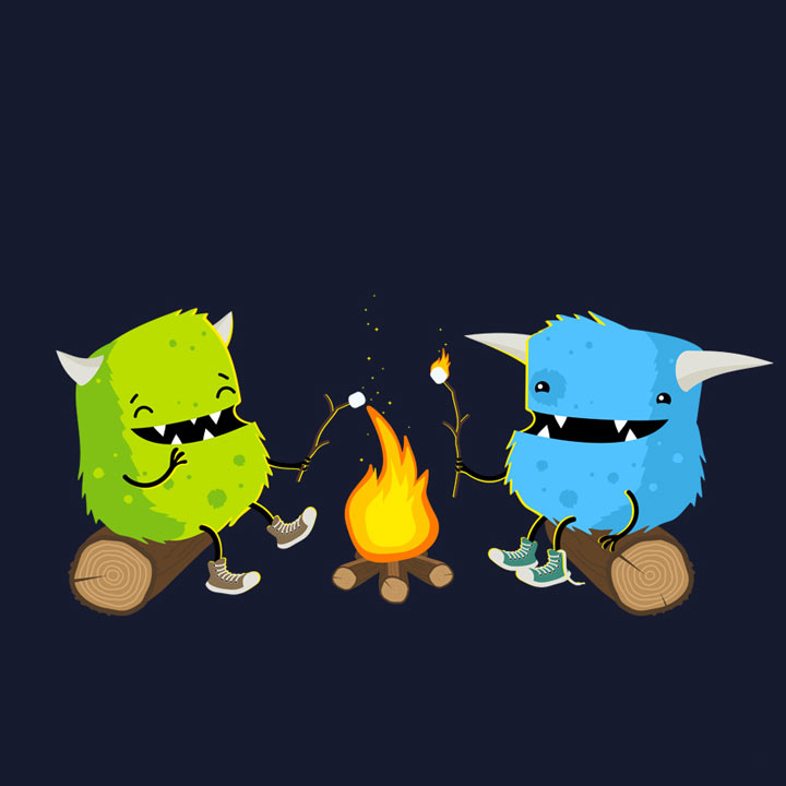 Camping monsters enjoying marshmallows and campfire.